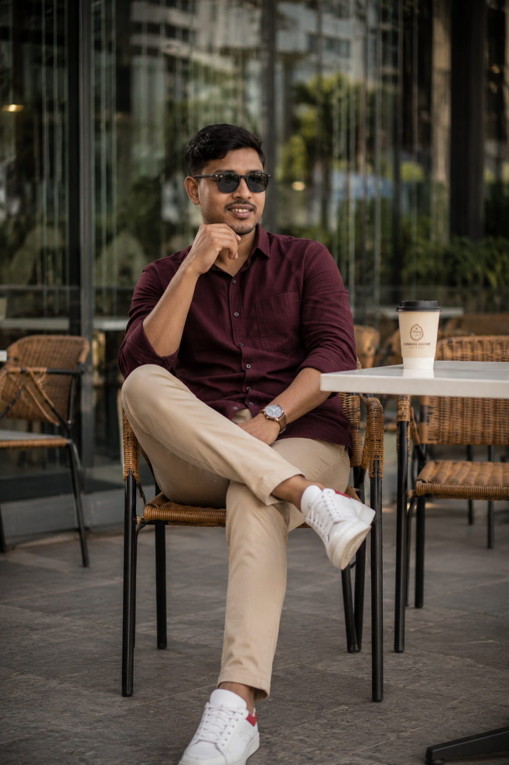 Burgundy cafe sitting portrait