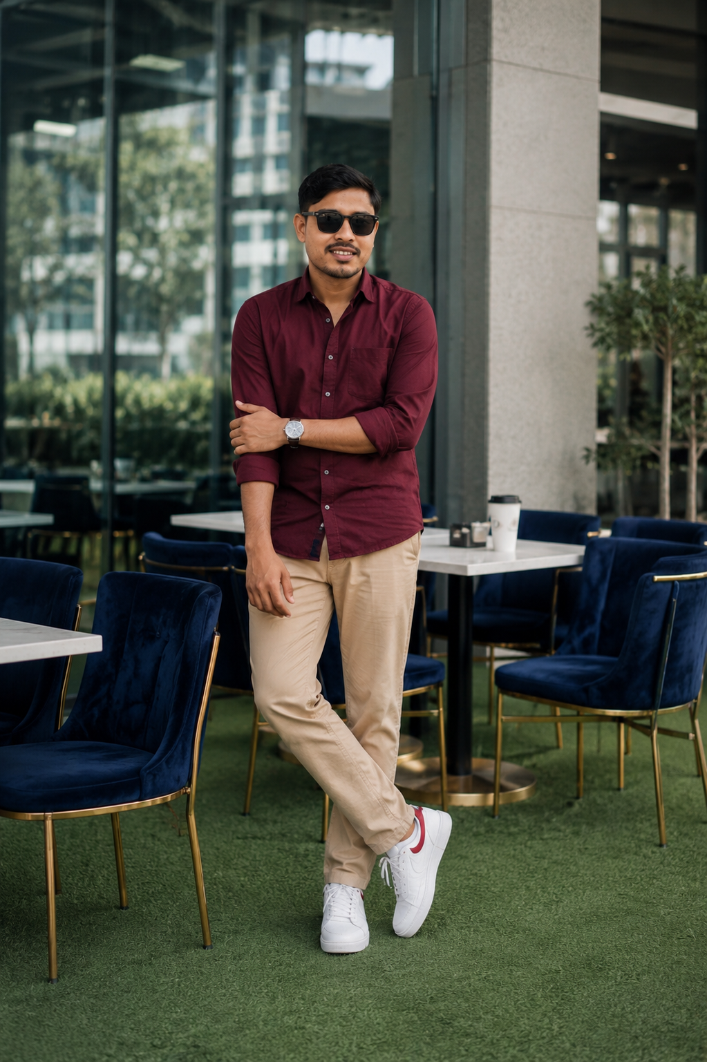 Burgundy cafe standing portrait